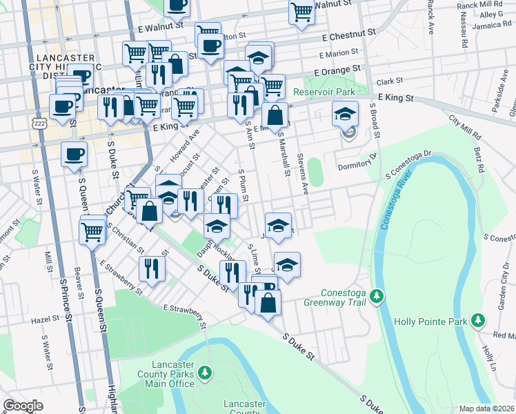 map of restaurants, bars, coffee shops, grocery stores, and more near 248 South Ann Street in Lancaster