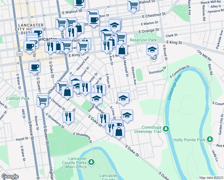 map of restaurants, bars, coffee shops, grocery stores, and more near 17 Dauphin Street in Lancaster