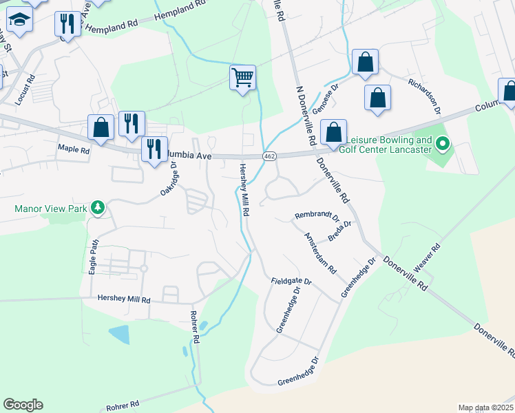 map of restaurants, bars, coffee shops, grocery stores, and more near 123 Hampden Drive in Mountville