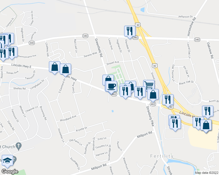 map of restaurants, bars, coffee shops, grocery stores, and more near 10 Greenfield Road in Lancaster