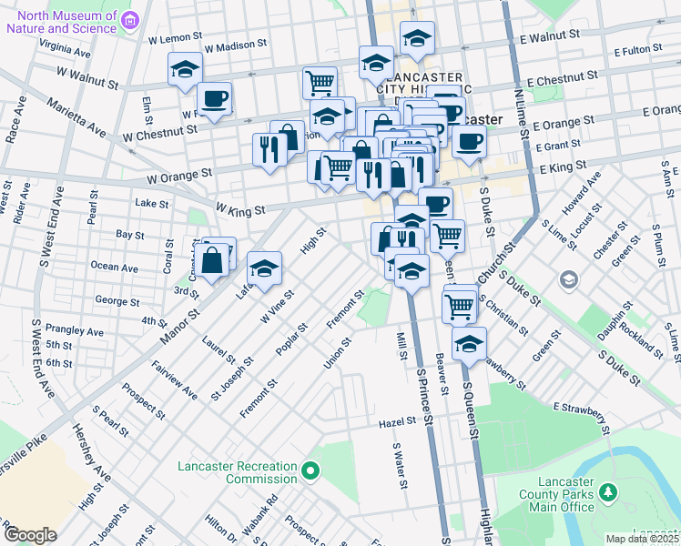 map of restaurants, bars, coffee shops, grocery stores, and more near 440 Saint Joseph Street in Lancaster