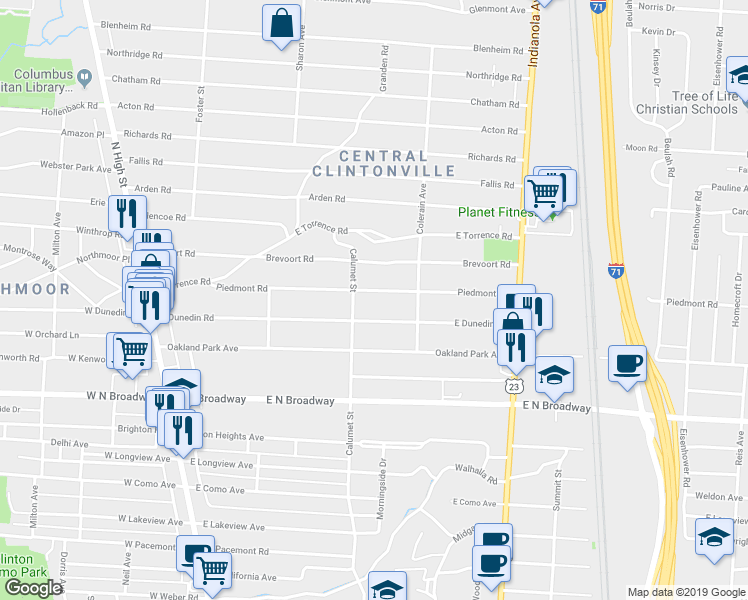 map of restaurants, bars, coffee shops, grocery stores, and more near 345 Piedmont Road in Columbus