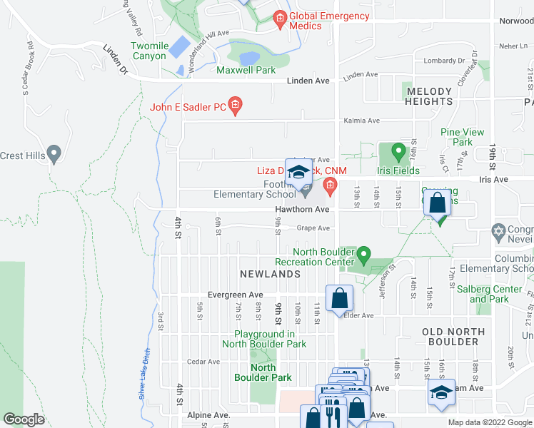map of restaurants, bars, coffee shops, grocery stores, and more near 806 Hawthorn Avenue in Boulder