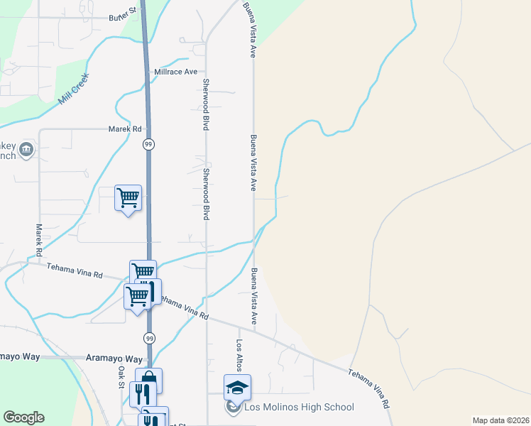 map of restaurants, bars, coffee shops, grocery stores, and more near 8220 Buena Vista Avenue in Los Molinos
