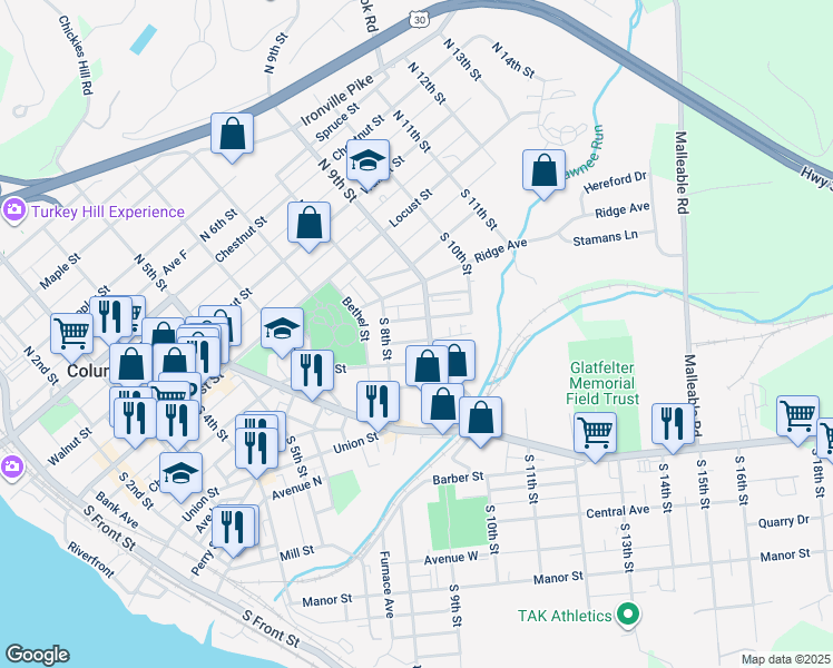 map of restaurants, bars, coffee shops, grocery stores, and more near 841 Blunston Street in Columbia