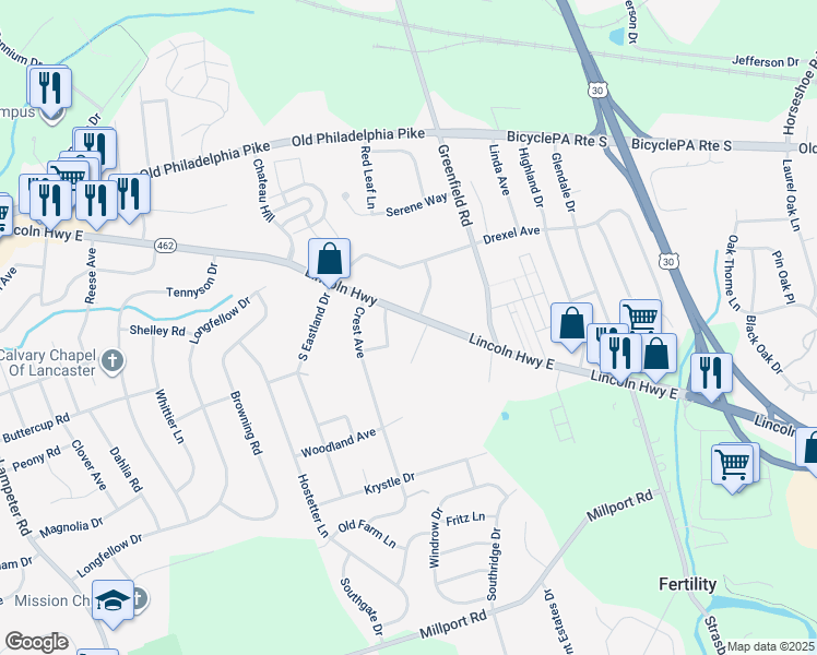 map of restaurants, bars, coffee shops, grocery stores, and more near 1836 Lincoln Highway East in Lancaster