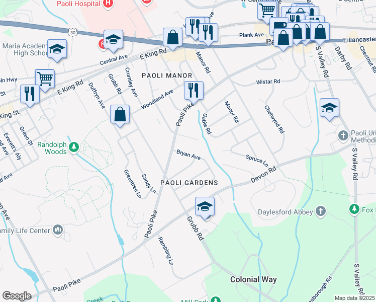 map of restaurants, bars, coffee shops, grocery stores, and more near 9 Bryan Avenue in Malvern