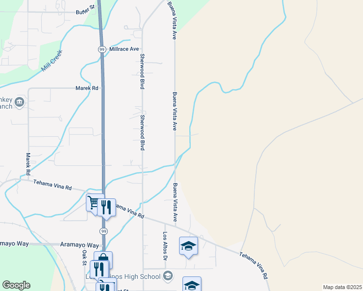 map of restaurants, bars, coffee shops, grocery stores, and more near 8220 Buena Vista Avenue in Los Molinos