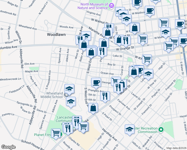 map of restaurants, bars, coffee shops, grocery stores, and more near 822 Ocean Avenue in Lancaster