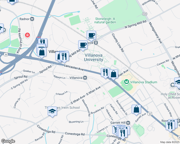 map of restaurants, bars, coffee shops, grocery stores, and more near 800 East Lancaster Avenue in Villanova