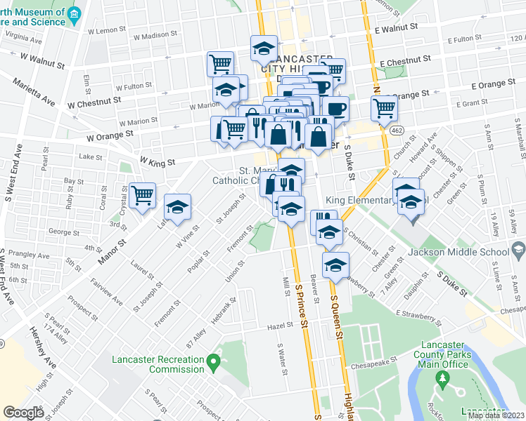 map of restaurants, bars, coffee shops, grocery stores, and more near 246 West Strawberry Street in Lancaster