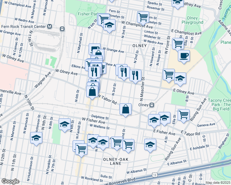 map of restaurants, bars, coffee shops, grocery stores, and more near 5505 North 3rd Street in Philadelphia