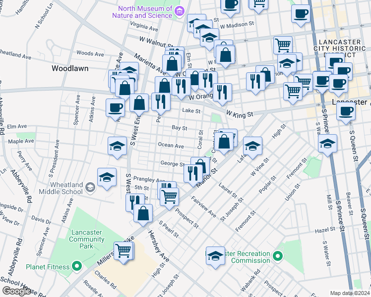 map of restaurants, bars, coffee shops, grocery stores, and more near 642 Ocean Avenue in Lancaster