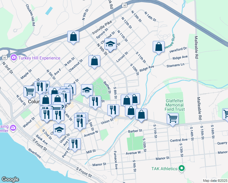 map of restaurants, bars, coffee shops, grocery stores, and more near 142 South 8th Street in Columbia