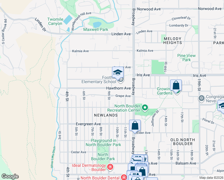 map of restaurants, bars, coffee shops, grocery stores, and more near 908 Hawthorn Avenue in Boulder