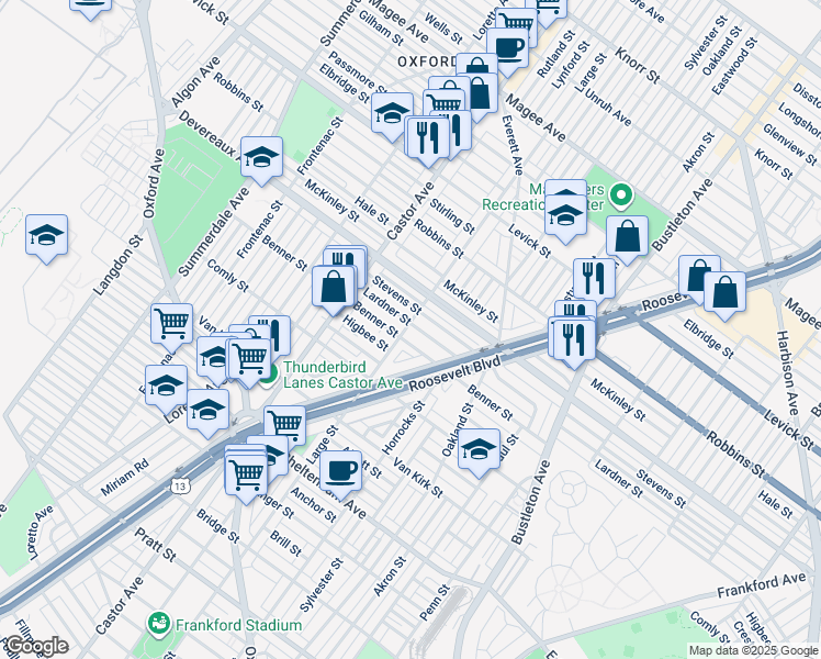 map of restaurants, bars, coffee shops, grocery stores, and more near 1500 Lardner Street in Philadelphia