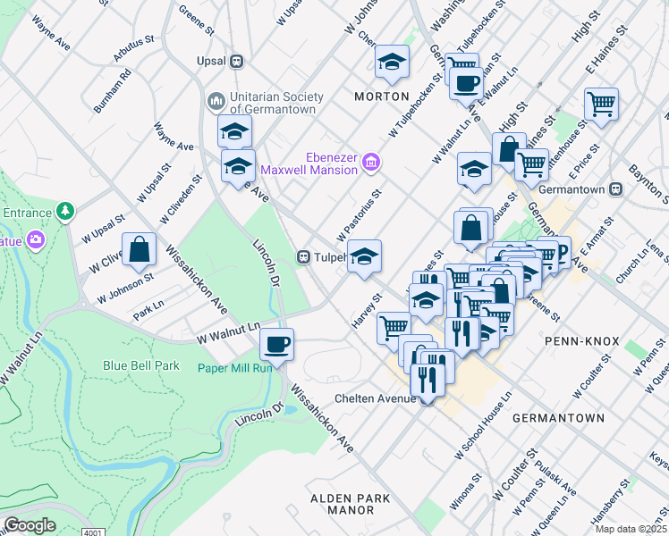map of restaurants, bars, coffee shops, grocery stores, and more near 401 West Walnut Lane in Philadelphia