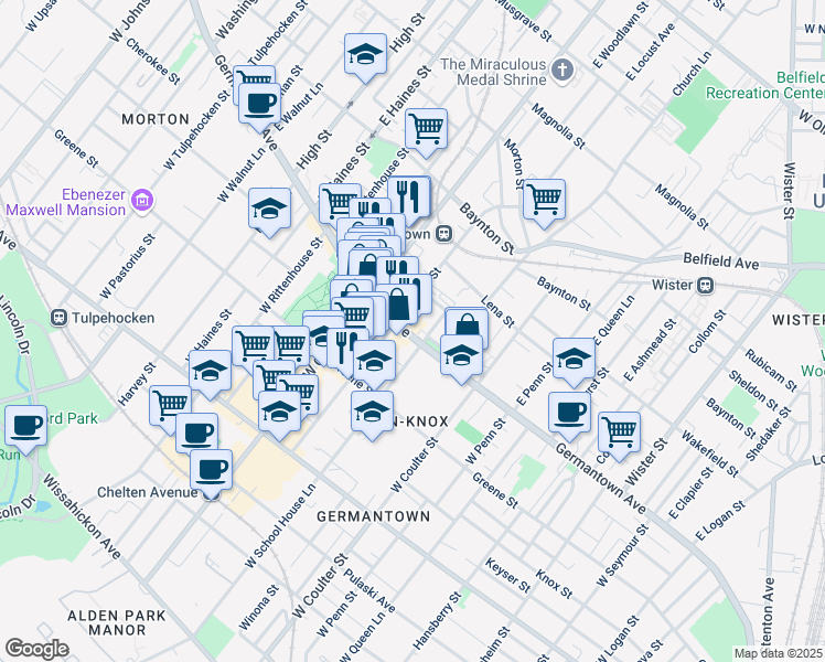 map of restaurants, bars, coffee shops, grocery stores, and more near 5537 Germantown Avenue in Philadelphia