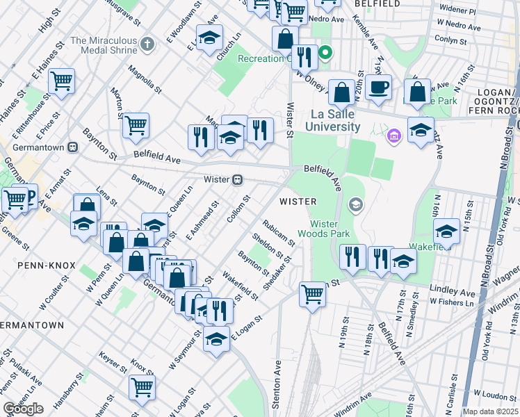 map of restaurants, bars, coffee shops, grocery stores, and more near 411 Wister Street in Philadelphia