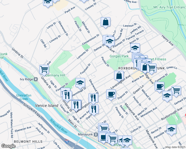 map of restaurants, bars, coffee shops, grocery stores, and more near 325 Gates Street in Philadelphia