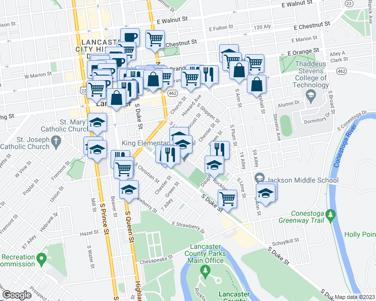 map of restaurants, bars, coffee shops, grocery stores, and more near 228 Chester Street in Lancaster