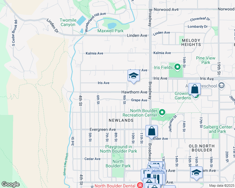 map of restaurants, bars, coffee shops, grocery stores, and more near 806 Hawthorn Avenue in Boulder