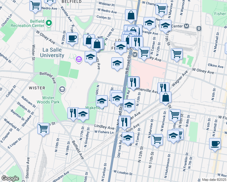 map of restaurants, bars, coffee shops, grocery stores, and more near 5339 North 15th Street in Philadelphia