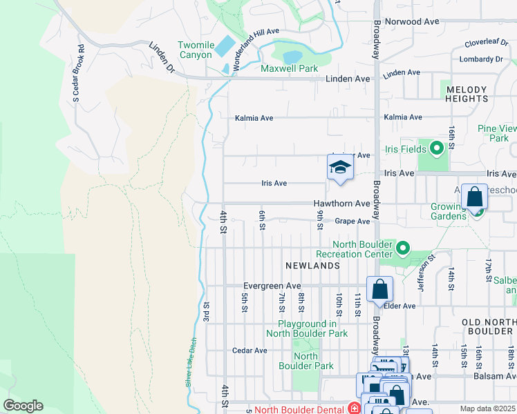map of restaurants, bars, coffee shops, grocery stores, and more near 570 Hawthorn Avenue in Boulder
