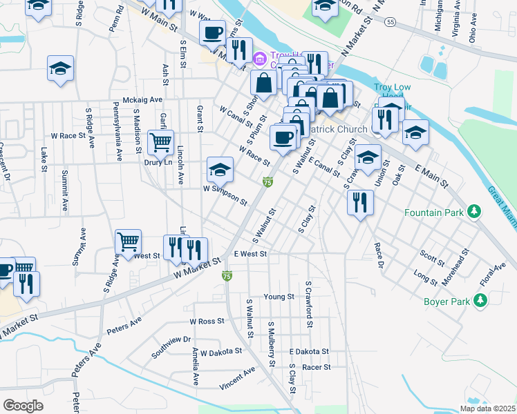 map of restaurants, bars, coffee shops, grocery stores, and more near 435 South Market Street in Troy