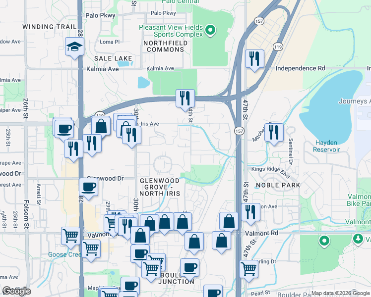 map of restaurants, bars, coffee shops, grocery stores, and more near 3360 34th Street in Boulder
