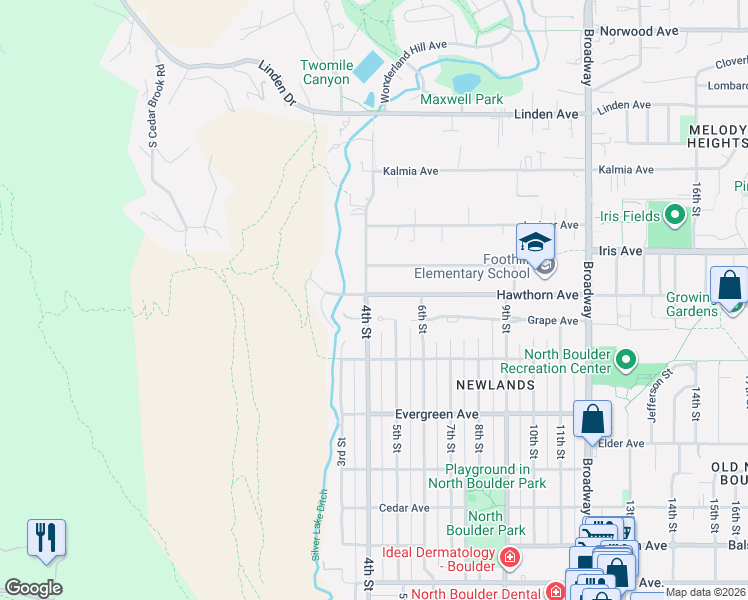 map of restaurants, bars, coffee shops, grocery stores, and more near 425 Hawthorn Avenue in Boulder