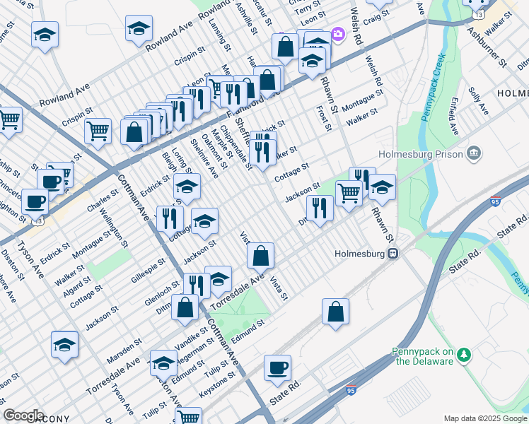 map of restaurants, bars, coffee shops, grocery stores, and more near 4502 Marple Street in Philadelphia