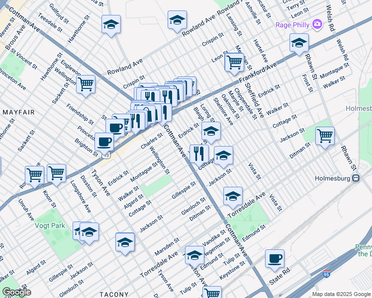 map of restaurants, bars, coffee shops, grocery stores, and more near 4225 Pennsylvania 73 in Philadelphia