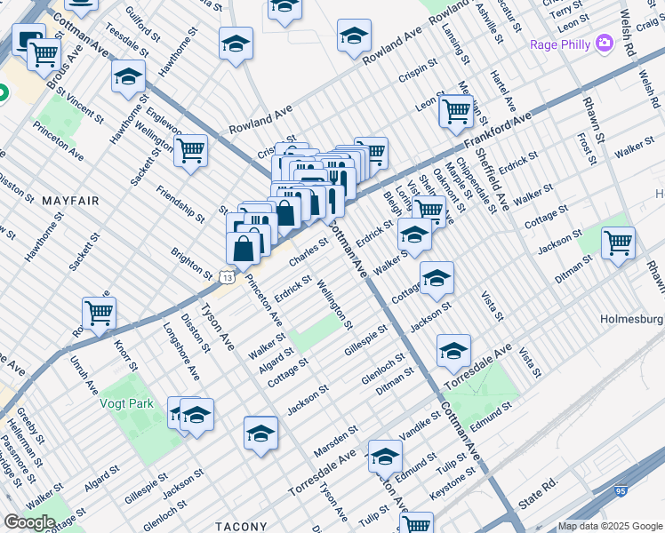 map of restaurants, bars, coffee shops, grocery stores, and more near 7226 Erdrick Street in Philadelphia