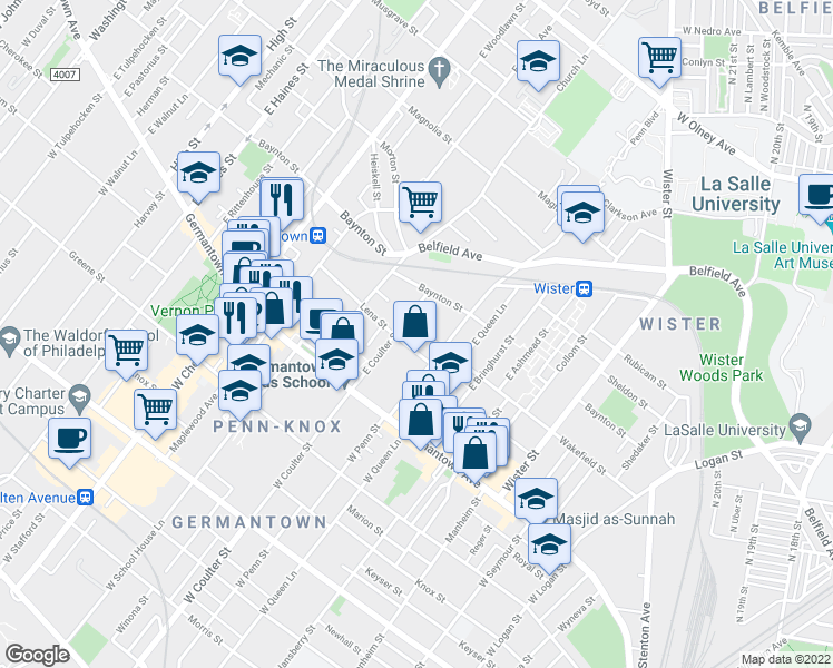 map of restaurants, bars, coffee shops, grocery stores, and more near 5331 Wakefield Street in Philadelphia