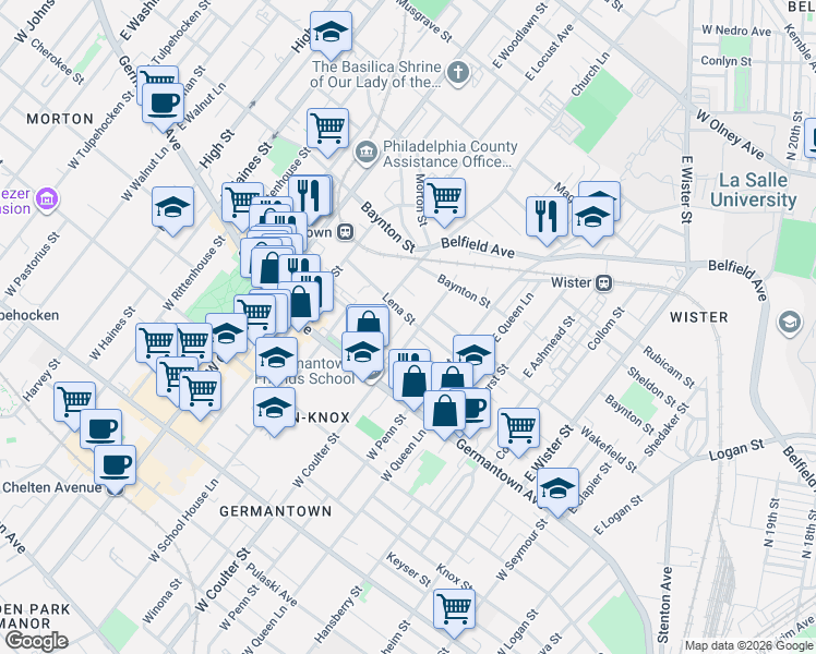 map of restaurants, bars, coffee shops, grocery stores, and more near 5414 Lena Street in Philadelphia