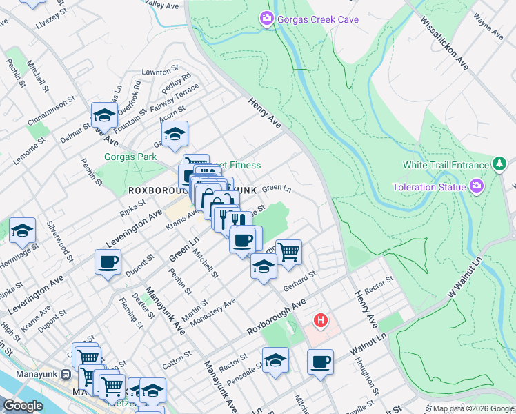 map of restaurants, bars, coffee shops, grocery stores, and more near 587 Conarroe Street in Philadelphia