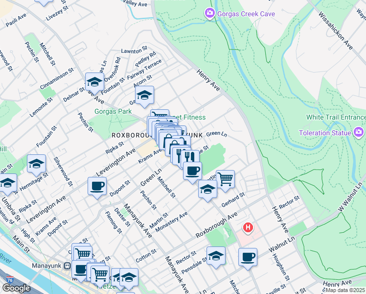 map of restaurants, bars, coffee shops, grocery stores, and more near 540 Green Lane in Philadelphia