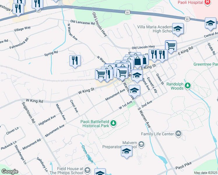 map of restaurants, bars, coffee shops, grocery stores, and more near in Chester County