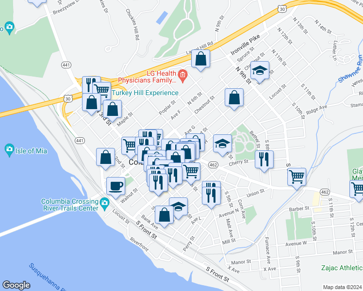 map of restaurants, bars, coffee shops, grocery stores, and more near 457 Avenue G in Columbia