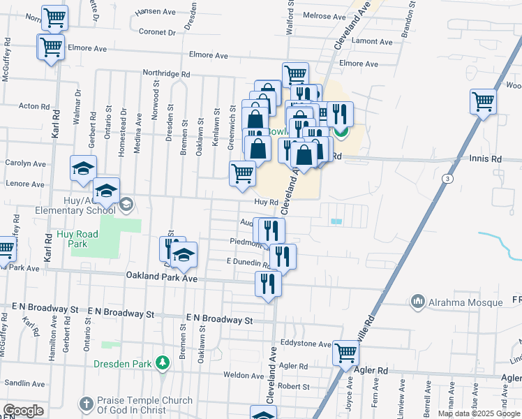 map of restaurants, bars, coffee shops, grocery stores, and more near 1815 Huy Road in Columbus
