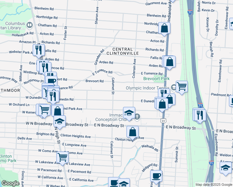 map of restaurants, bars, coffee shops, grocery stores, and more near 345 Piedmont Road in Columbus