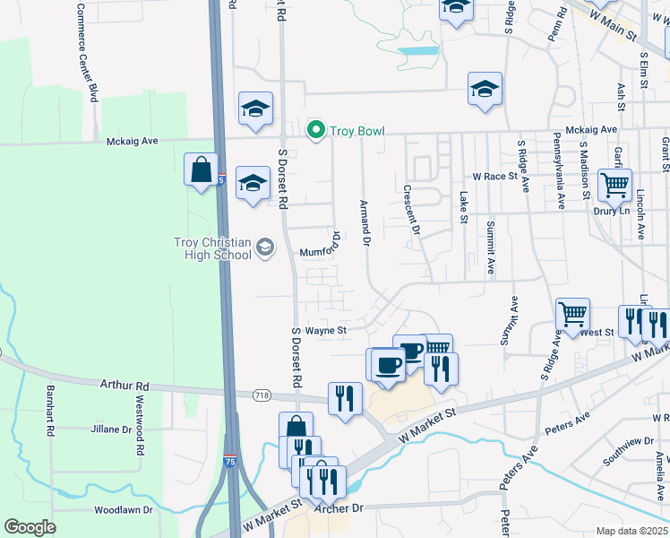 map of restaurants, bars, coffee shops, grocery stores, and more near 645 Mumford Drive in Troy