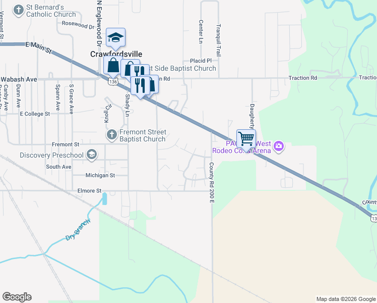 map of restaurants, bars, coffee shops, grocery stores, and more near 2001 Zelmar Drive in Crawfordsville
