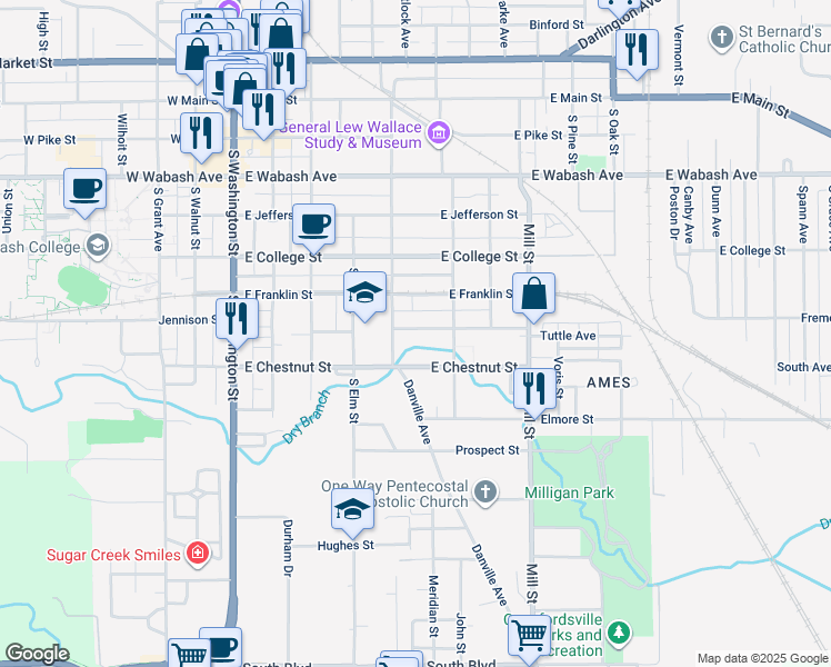 map of restaurants, bars, coffee shops, grocery stores, and more near 612 Wallace Avenue in Crawfordsville