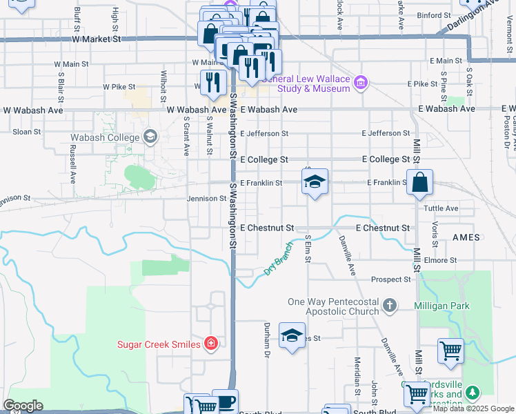 map of restaurants, bars, coffee shops, grocery stores, and more near 614 South Green Street in Crawfordsville