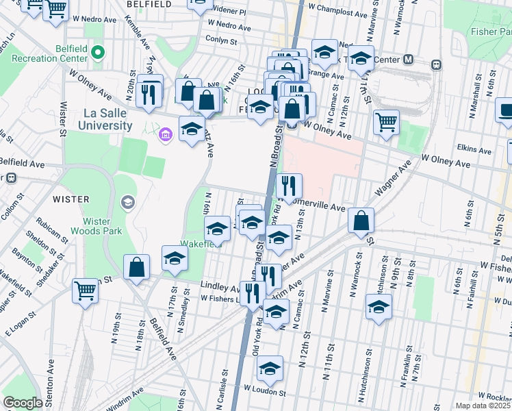 map of restaurants, bars, coffee shops, grocery stores, and more near 5337 North Carlisle Street in Philadelphia