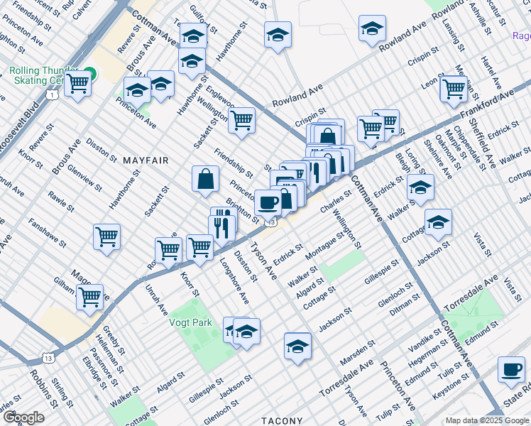 map of restaurants, bars, coffee shops, grocery stores, and more near 3454 Princeton Avenue in Philadelphia