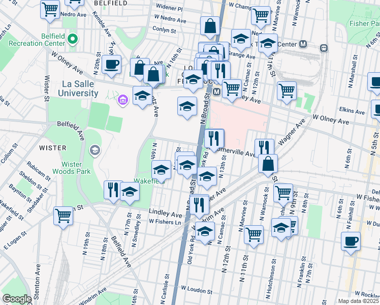map of restaurants, bars, coffee shops, grocery stores, and more near 5337 North Carlisle Street in Philadelphia