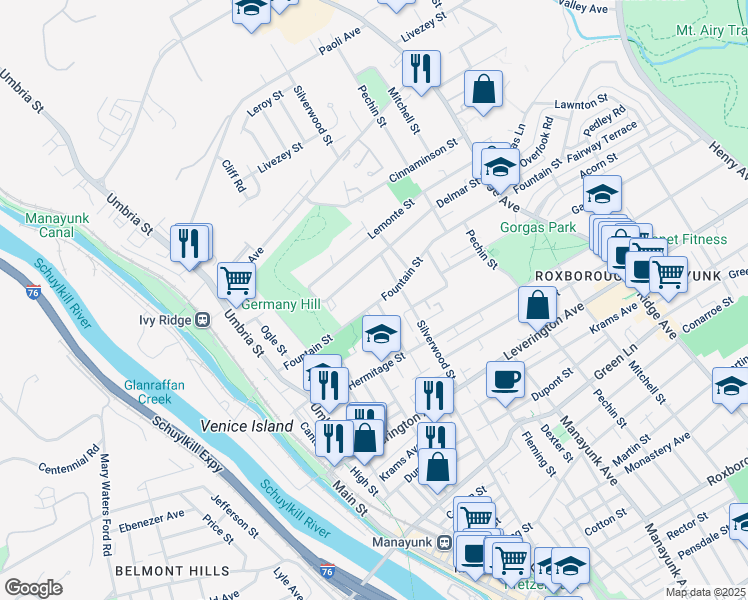 map of restaurants, bars, coffee shops, grocery stores, and more near 244 Fountain Street in Philadelphia